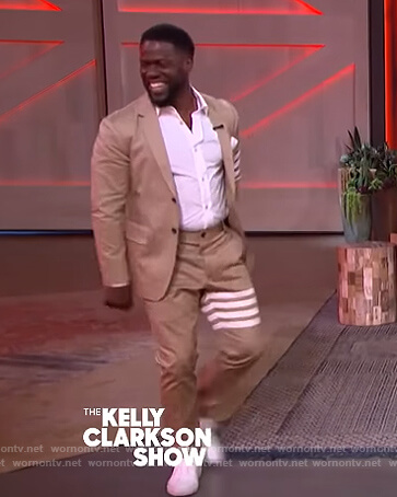 Kevin Hart's khaki stripe blazer and pants on The Kelly Clarkson Show
