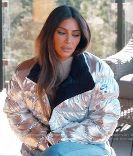 Kim's metallic puffer jacket and top on Keeping Up with the Kardashians
