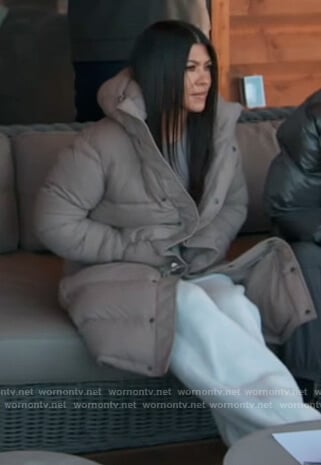 Kourtney's beige puffer coat on Keeping Up with the Kardashians