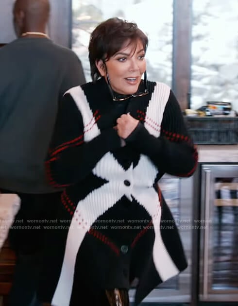 Kris's black contrast knit cardigan on Keeping Up with the Kardashians