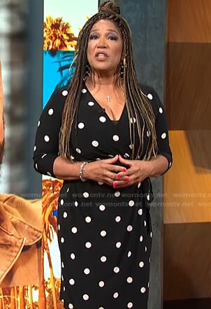 Kym's black polka dot wrap dress on E! News Daily Pop