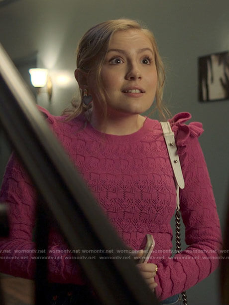 Lake's pink pointelle ruffle shoulder sweater on Love Victor