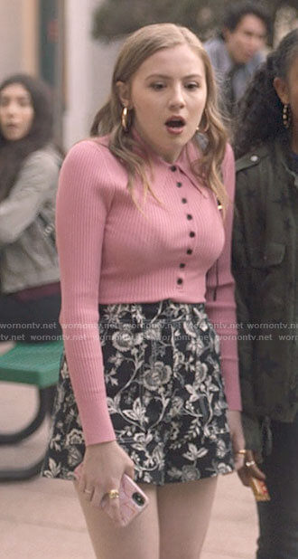 Lake's pink polo top and floral shorts on Love Victor