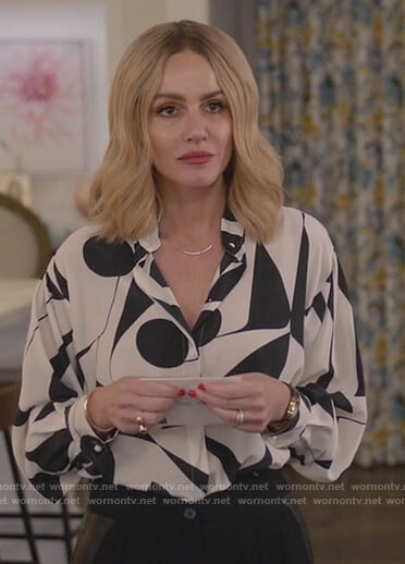 Laura's white geometric print blouse on All American