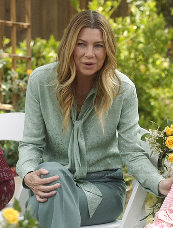 Meredith's mint green printed tie neck blouse on Greys Anatomy