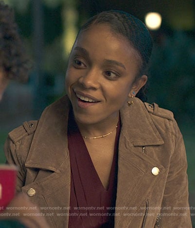 Mia's brown suede moto jacket on Love Victor