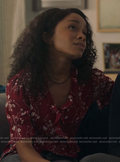 Mia's red floral wrap top on Love Victor