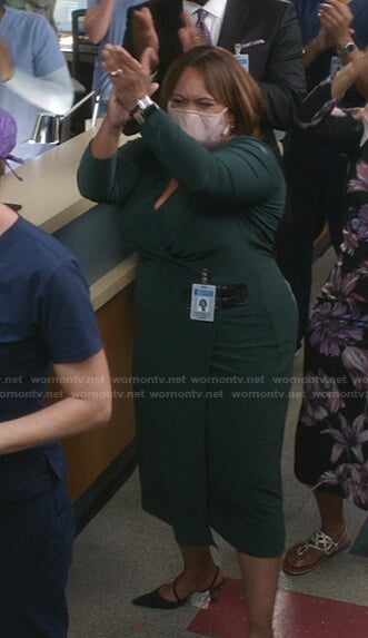 Miranda's green buckle wrap dress on Greys Anatomy