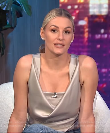 Morgan's cowl neck satin top on E! News Nightly Pop