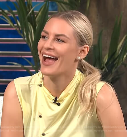 Morgan's yellow asymmetric button top on E! News Daily Pop