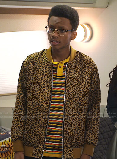 Noah's yellow striped polo and leopard bomber jacket on Bunkd