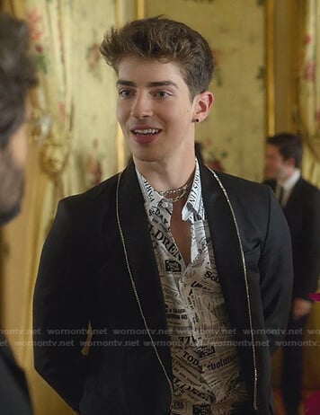 Patrick's newspaper print shirt and embellished collar blazer on Elite