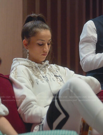 Rebeka's white embellished cropped hoodie on Elite