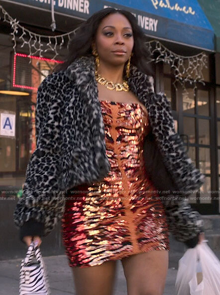 Renee's sequin tiger mini dress on Run the World