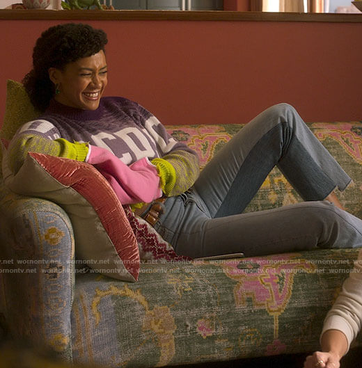 Sondi's GCDS sweater and two tone jeans on Run the World