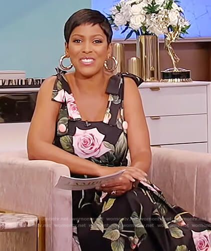 Tamron's black floral print sleeveless dress on Tamron Hall Show
