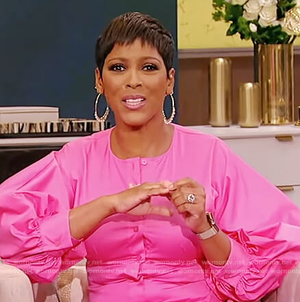 Tamron's pink button down dress on Tamron Hall Show