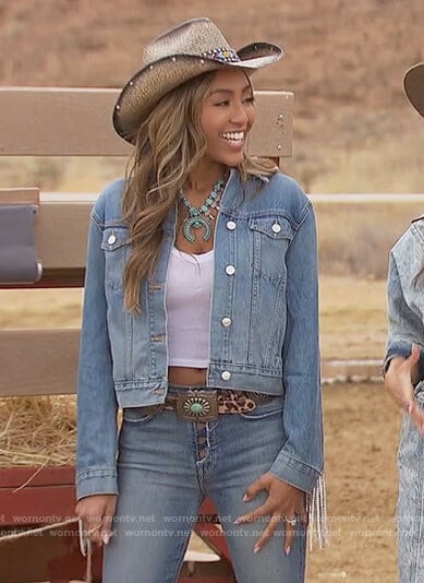Tayshia's denim fringe trim jacket on The Bachelorette