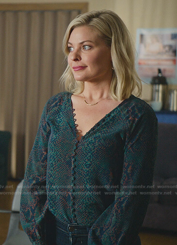 Stephanie's green snake print blouse on Good Witch