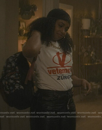 Tiffany's white Vetements logo tee on The Chi