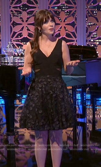 Zooey Deschanel's black floral applique dress on Celebrity Dating Game