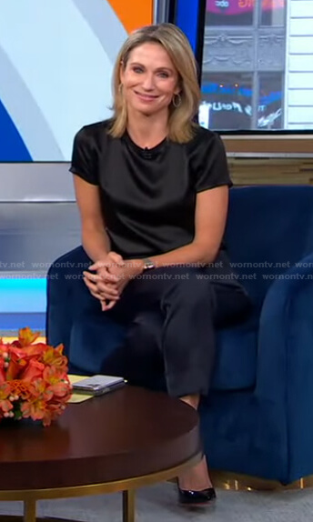 Amy's black satin top and navy pants on Good Morning America