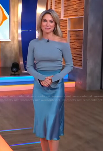 Amy's blue one off-shoulder top and satin skirt on Good Morning America
