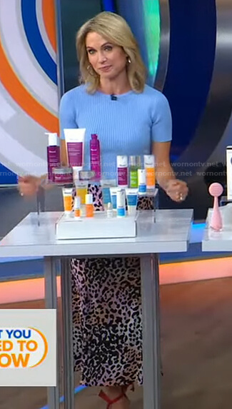 Amy's blue ribbed top and leopard print skirt on Good Morning America