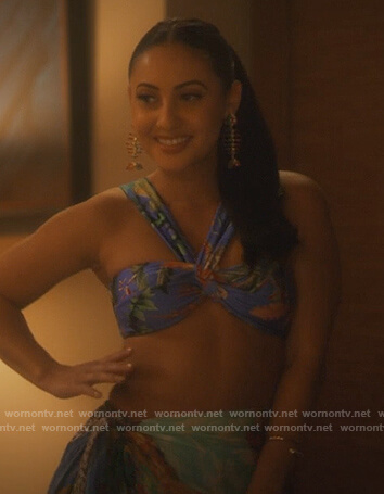 Ana's blue floral bikini top on Grown-ish