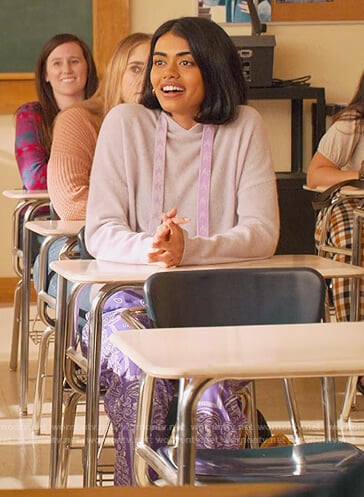 Aneesa's lavender hoodie and printed pants on Never Have I Ever