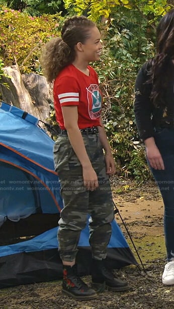 Ava's camo print pants and grommet belt on Bunkd