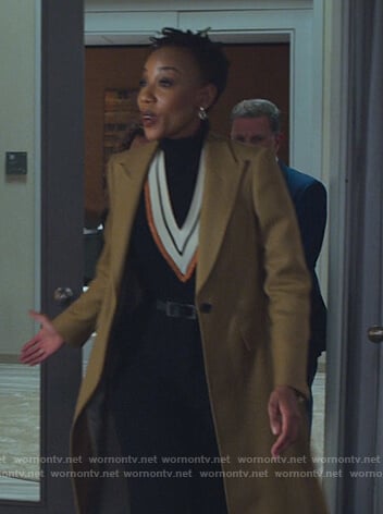 Carmen's black contrast v-neck sweater on The Good Fight