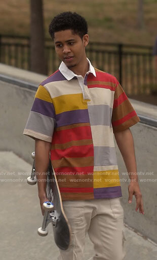 Chad's mixed stripe polo shirt on American Horror Stories