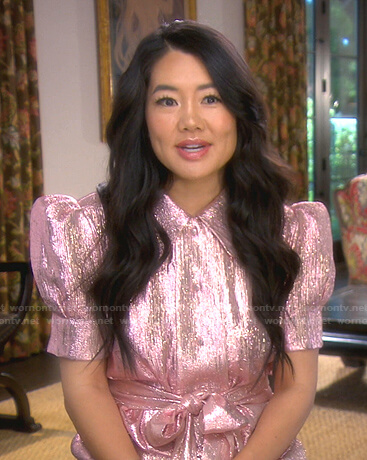 Crystal's metallic pink tie waist blouse on The Real Housewives of Beverly Hills
