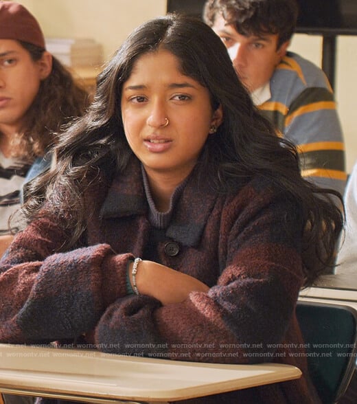 Devi's plaid wool coat on Never Have I Ever