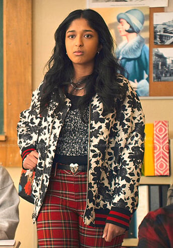 Devi's floral bomber jacket on Never Have I Ever