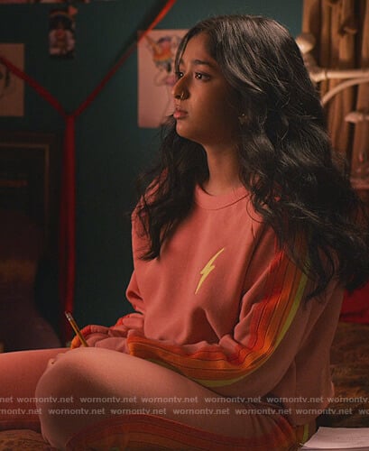 Devi's pink stripe bolt sweatshirt and pants on Never Have I Ever