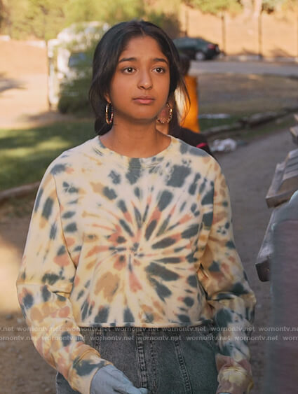 Devi's cropped tie dye sweatshirt on Never Have I Ever