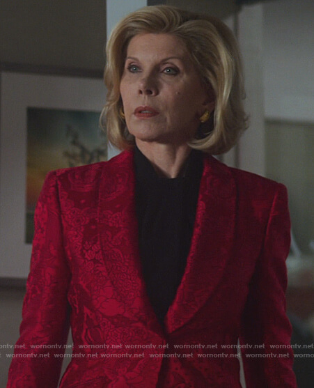 Diane's red floral jacquard blazer on The Good Fight