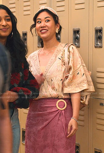 Eleanor's pink wrap skirt on Never Have I Ever