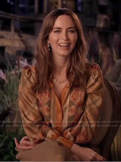 Emily Blunt's orange floral plaid blouse on Live with Kelly and Ryan