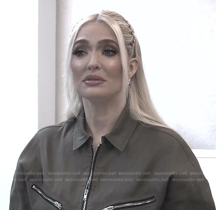 Erika's khaki green zip front jumpsuit on The Real Housewives of Beverly Hills