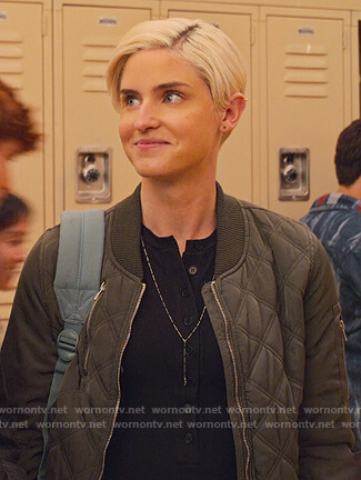 Eve's green quilted bomber jacket on Never Have I Ever