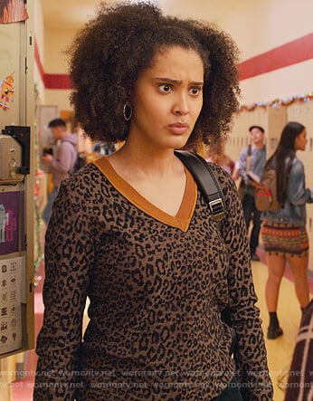 Fabiola's leopard v-neck sweater on Never Have I Ever