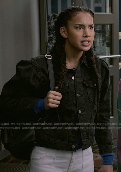 Gina's black denim puff sleeve jacket and white jeans on High School Musical The Musical The Series