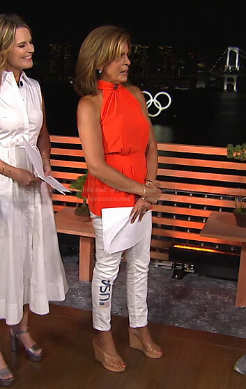 Hoda's red halter top and white USA print jeans on Today