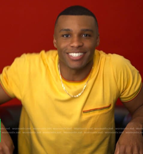 James's yellow t-shirt with striped trim on American Horror Stories