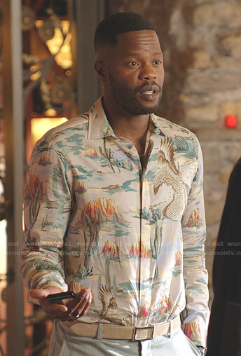 Jeff's eagle print shirt on Dynasty