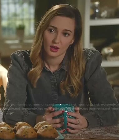 Joy's black puff sleeve chambray shirt on Good Witch