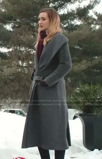 Joy's grey ribbed sleeve wrap coat on Good Witch